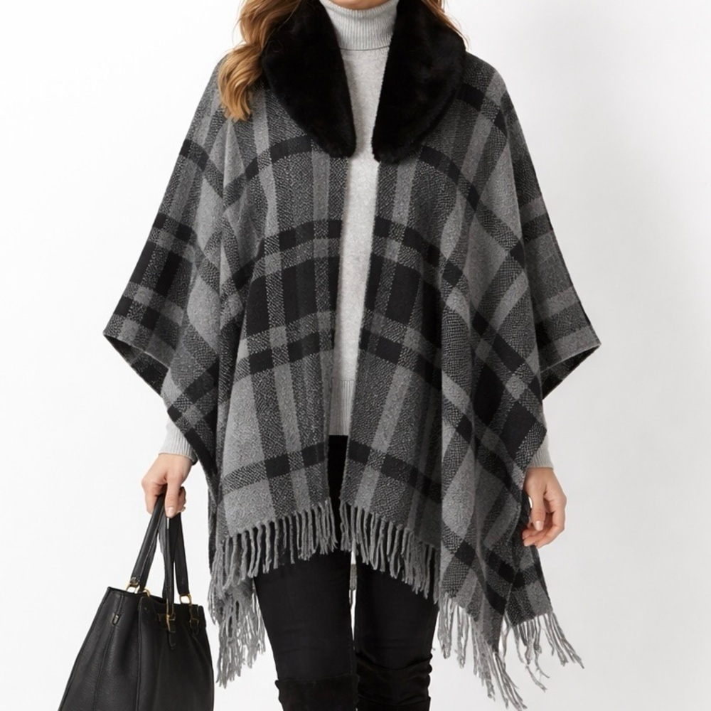 Soft Surroundings Plaid Faux Fur Collar Poncho Shawl Gray Black Fringe wrap OS